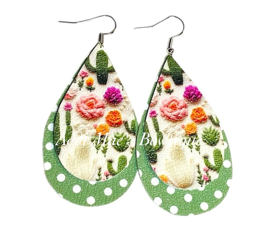 Floral Cactus Stacked Tear Drop Dangle Earrings