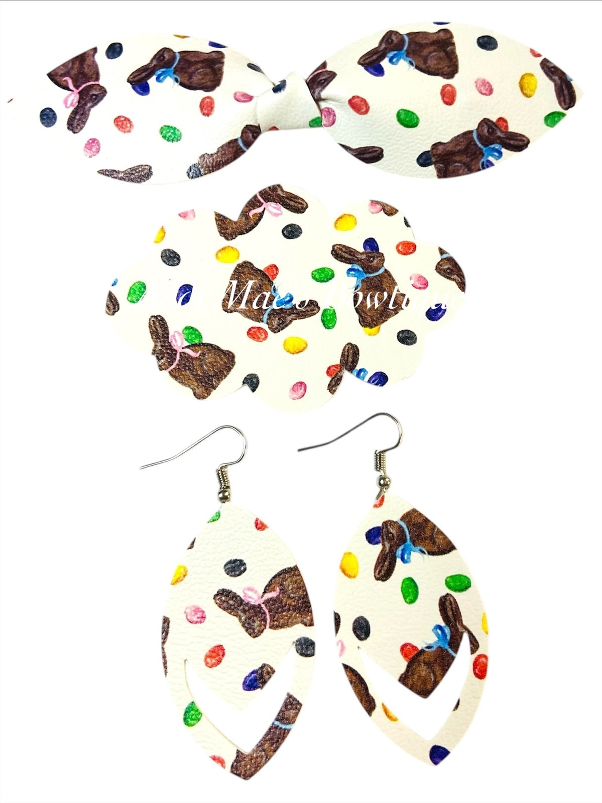 Chocolate Bunny Jelly Beans Easter Top Knot Clip, 3” Snap Clip, & Earrings Set