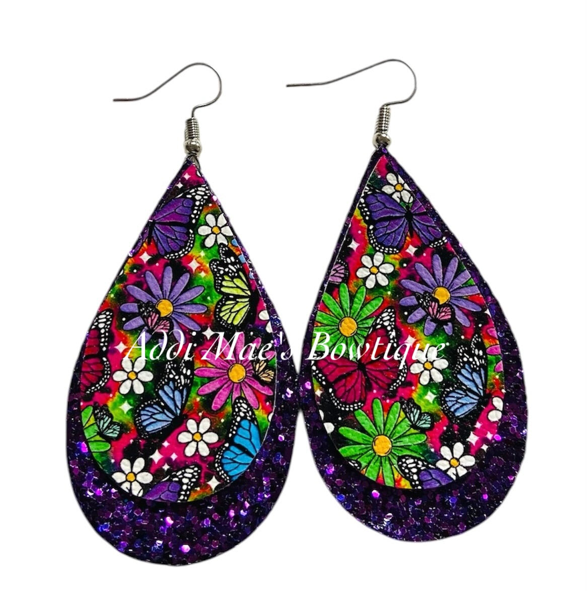 Purple Butterfly Stacked Tear Drop Dangle Earrings