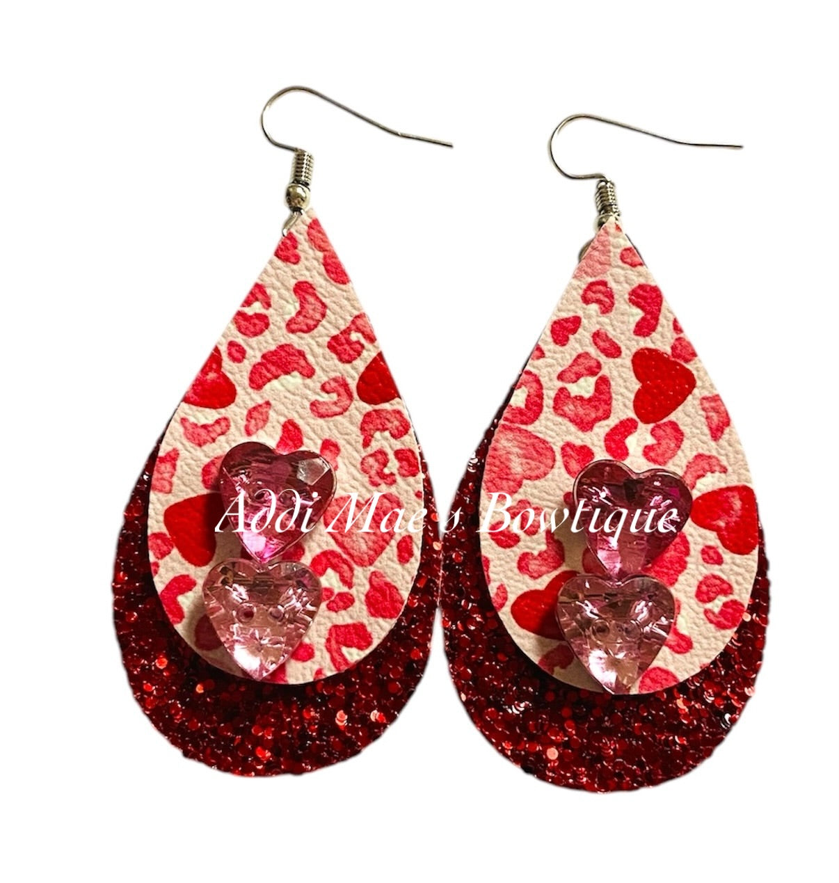 Valentine Cheetah Hearts Stacked Tear Drop Earrings