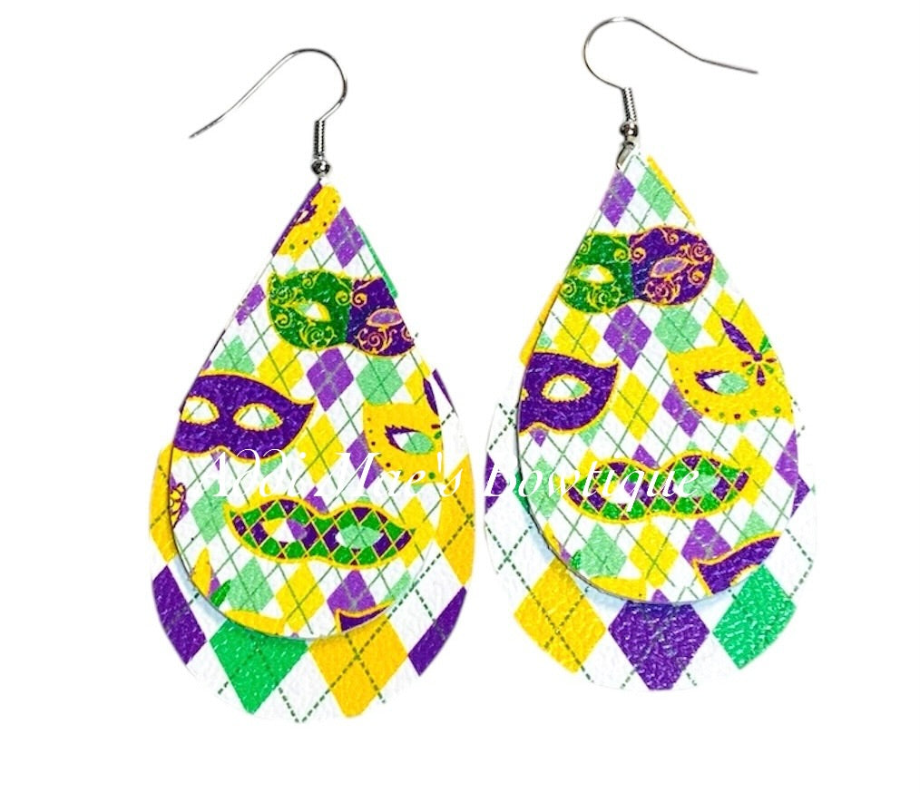 Mardi Gras Mask Argyle Stacked Tear Drop Dangle Earrings