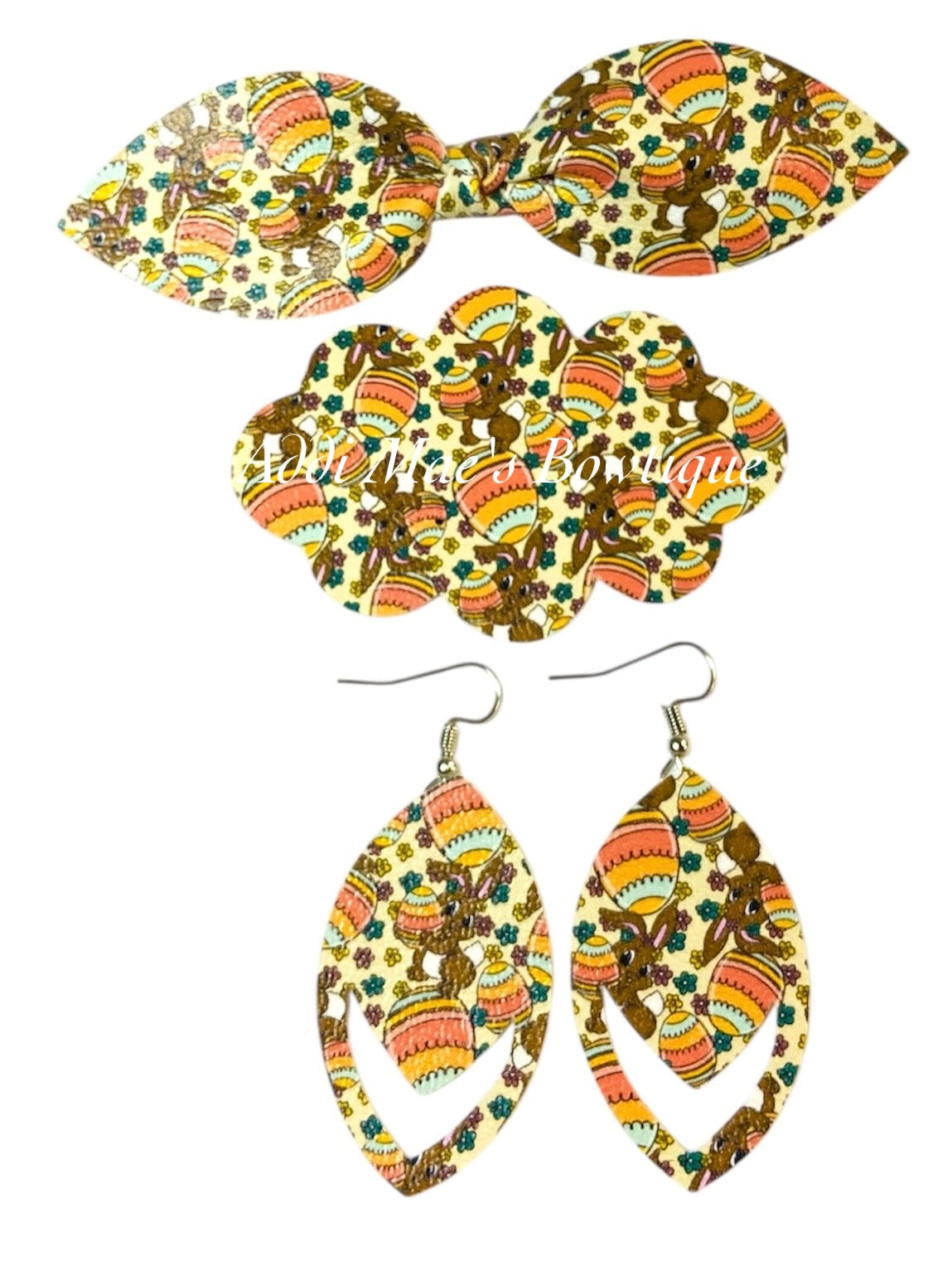 Chocolate Bunny Easter Eggs Top Knot Clip, 3” Snap Clip, & Earrings Set