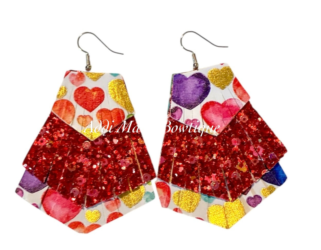 Rainbow Hearts Stacked Fringe Dangle Earrings