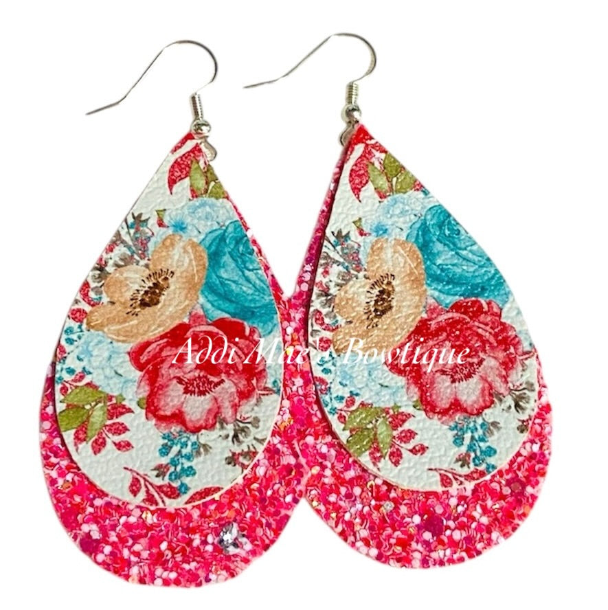 Spring Floral Stacked Tear Drop Dangle Earrings