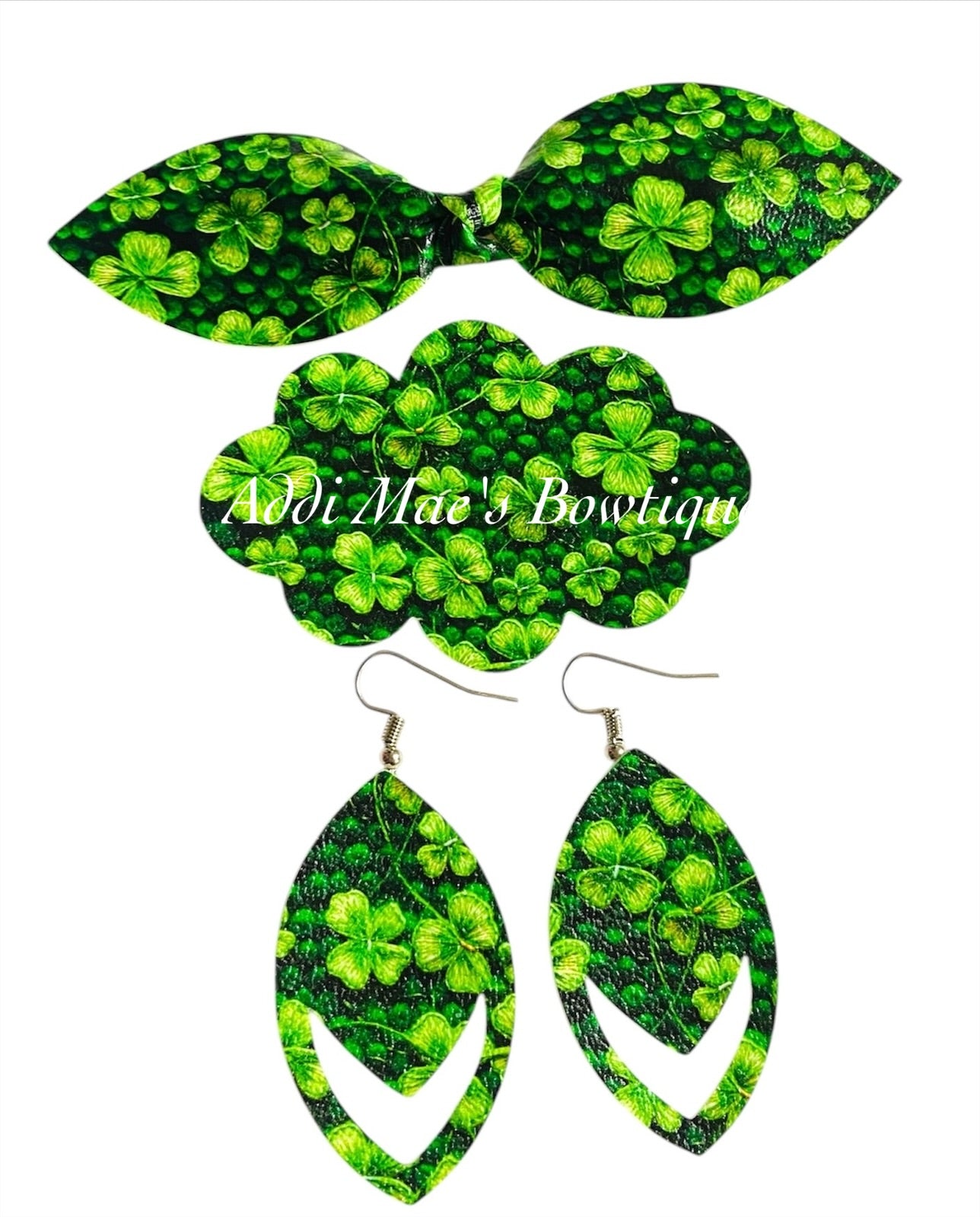 St. Patrick’s Day Clovers Top Knot Clip, 3” Snap Clip, & Earrings Set