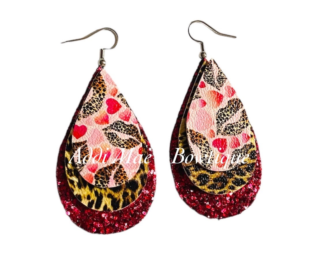 Valentines Leopard Kisses Stacked Tear Drop Dangle Earrings