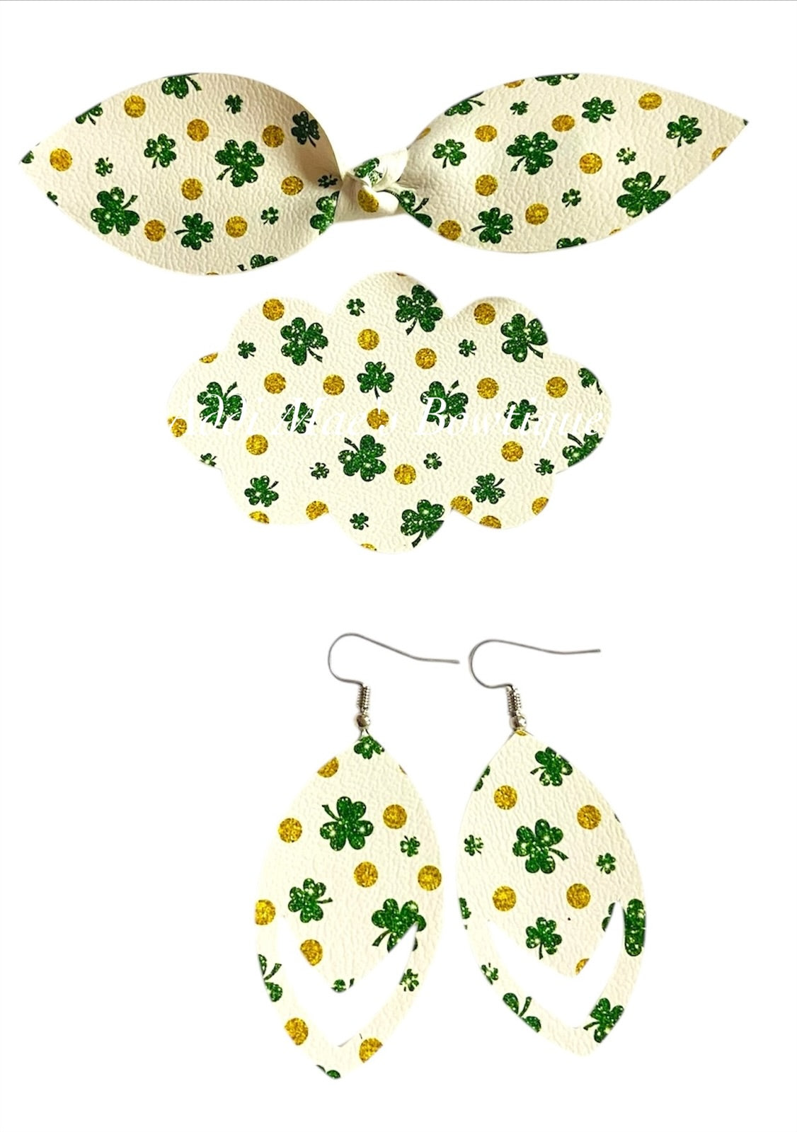 St. Patrick’s Day Clovers Top Knot Clip, 3” Snap Clip, & Earrings Set