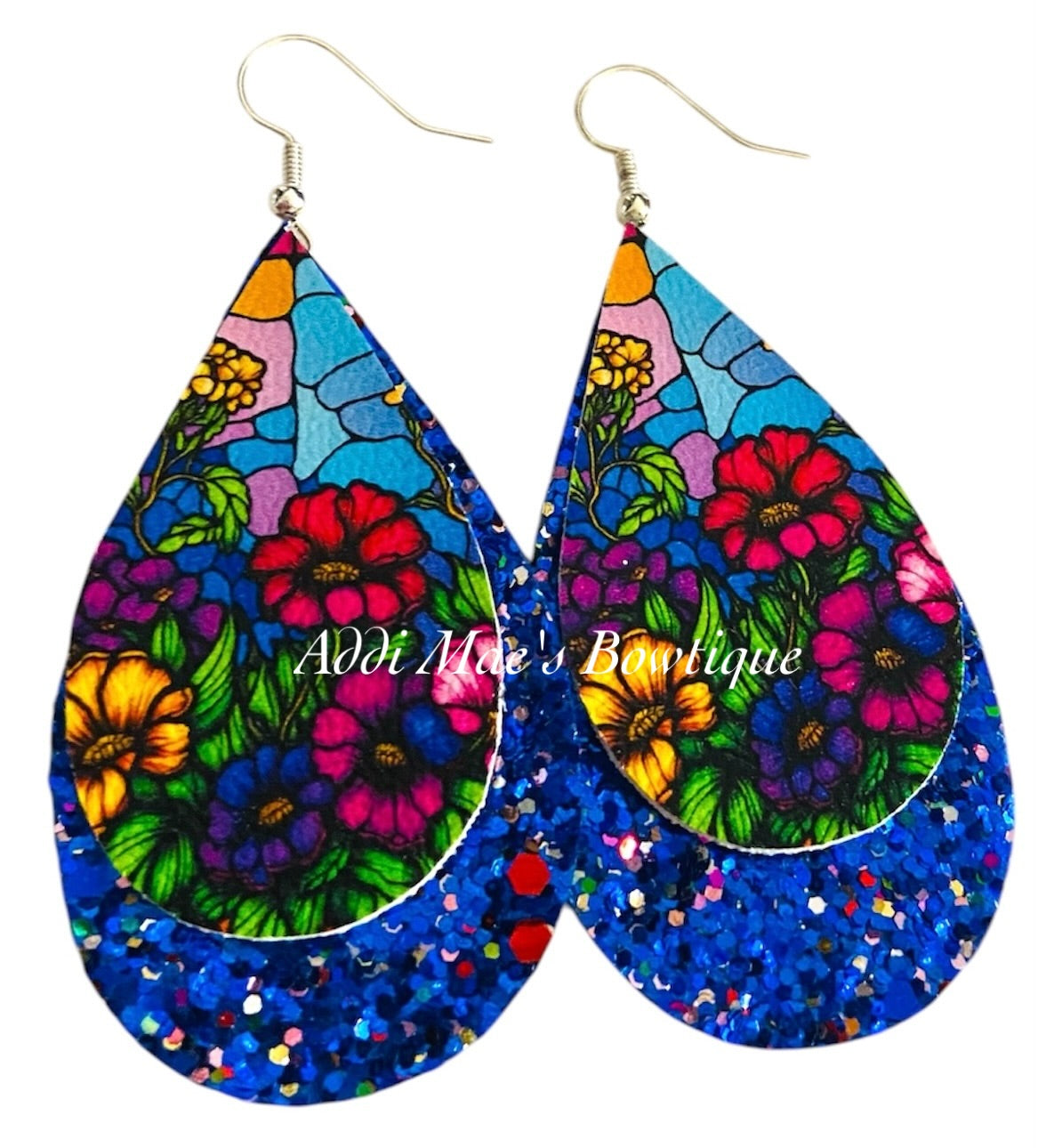 Stained Glass Flowers Stacked Tear Drop Dangle Earrings