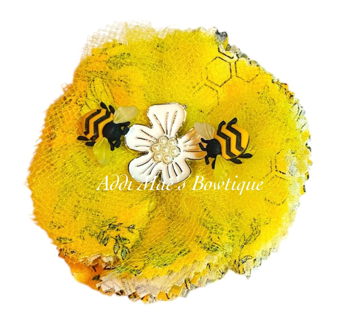 Bumblebee Frayed Cotton Fabric Flower Hair Bow