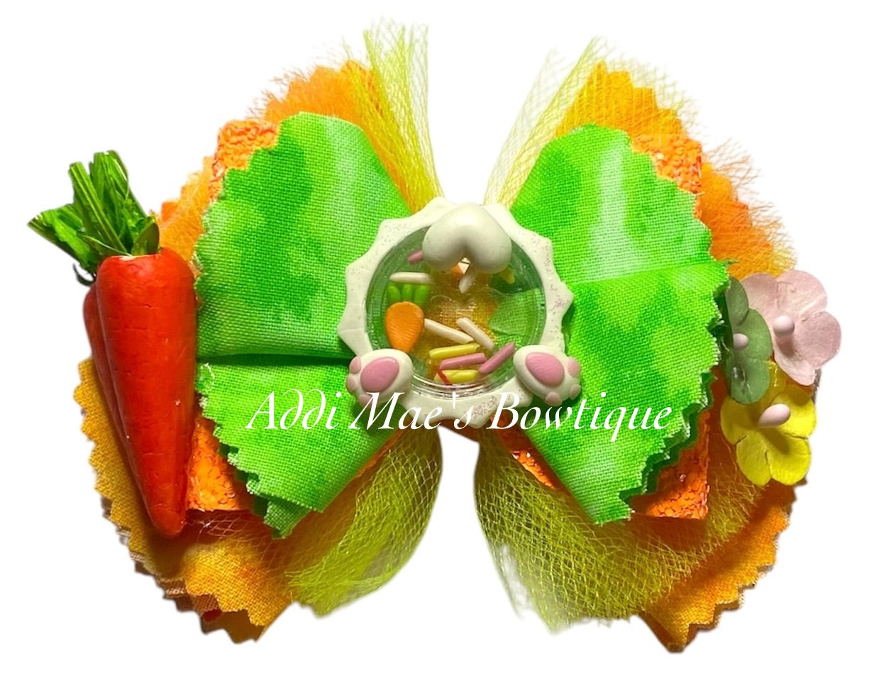 Bunny Butt Carrot Easter Frayed Cotton Fabric Hair Bow