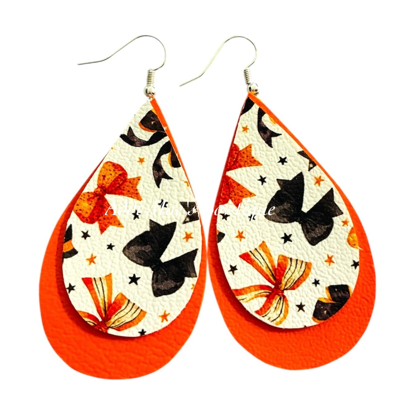 Black and Orange Halloween Bows Stacked Tear Drop Dangle Earrings