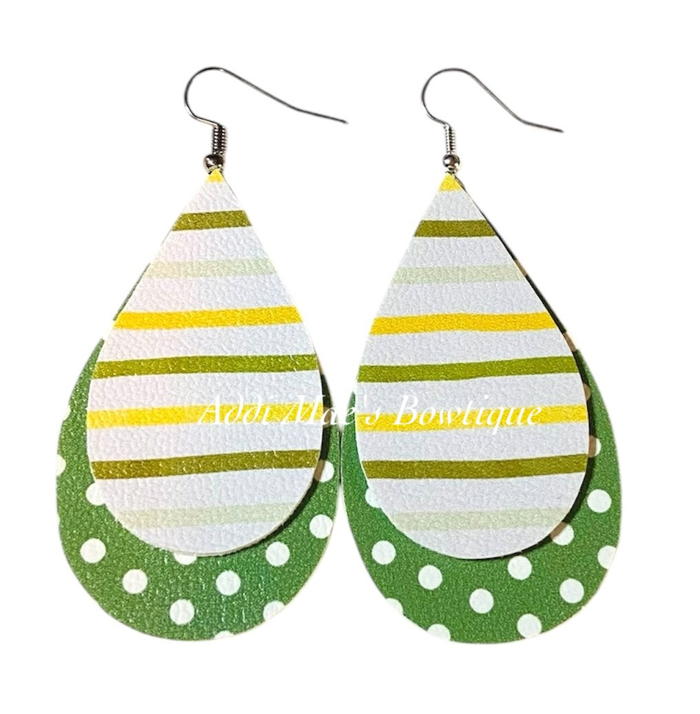 Yellow & Green Stripes Stacked Tear Drop Dangle Earrings