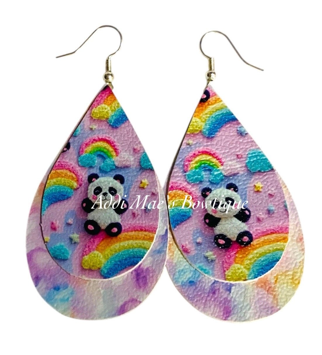Rainbow Panda Stacked Tear Drop Dangle Earrings