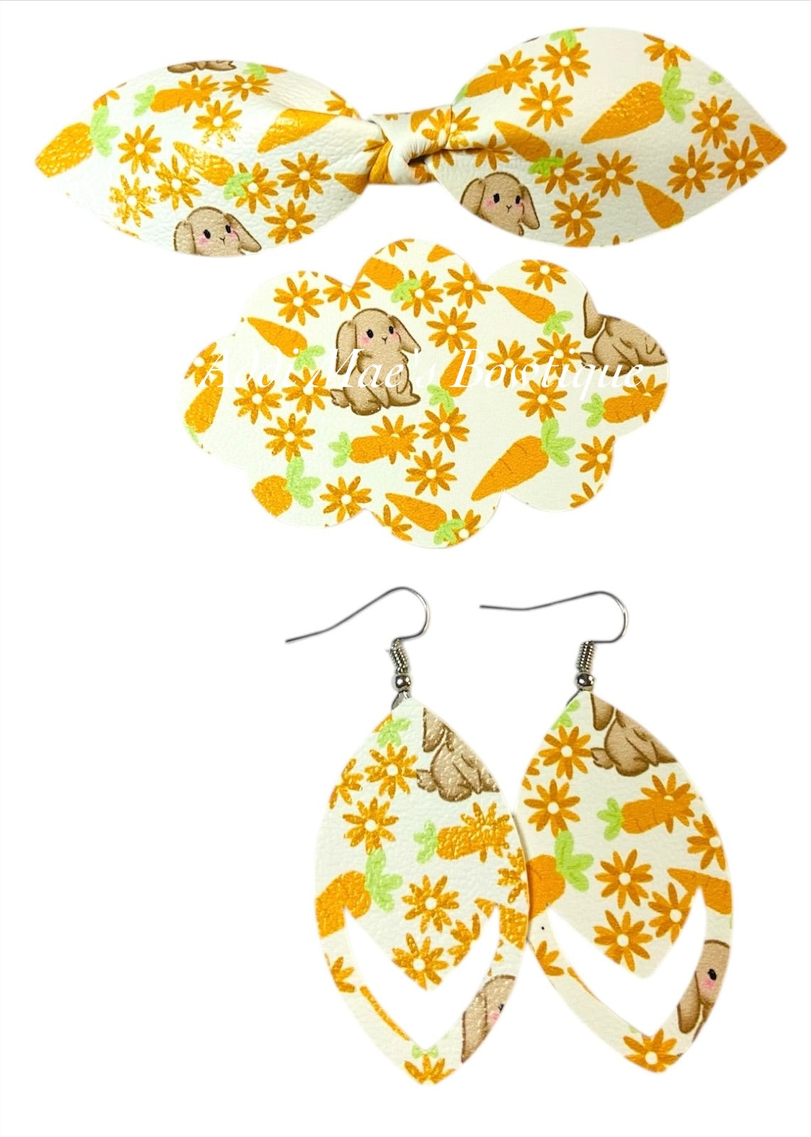 Bunnies and Carrots Easter Top Knot Clip, 3” Snap Clip, & Earrings Set