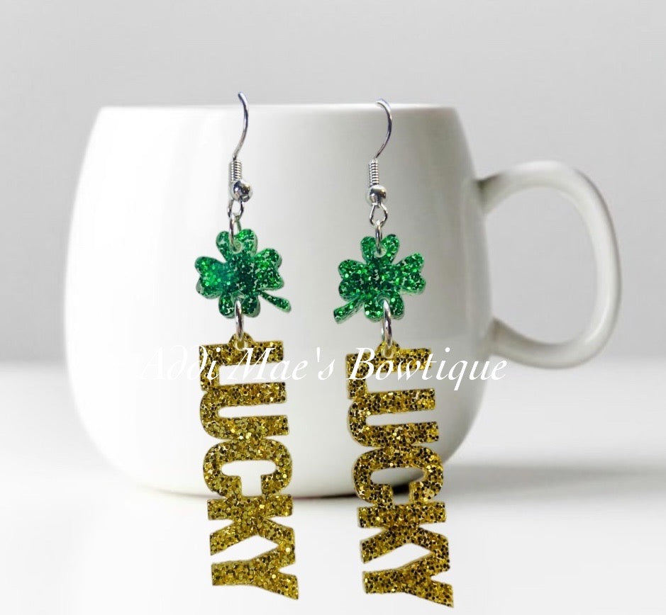 St Patricks Day Lucky Shamrock Acrylic Dangle Earrings