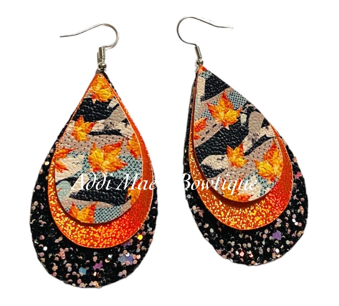 Fall Leaves Stacked Tear Drop Dangle Earrings