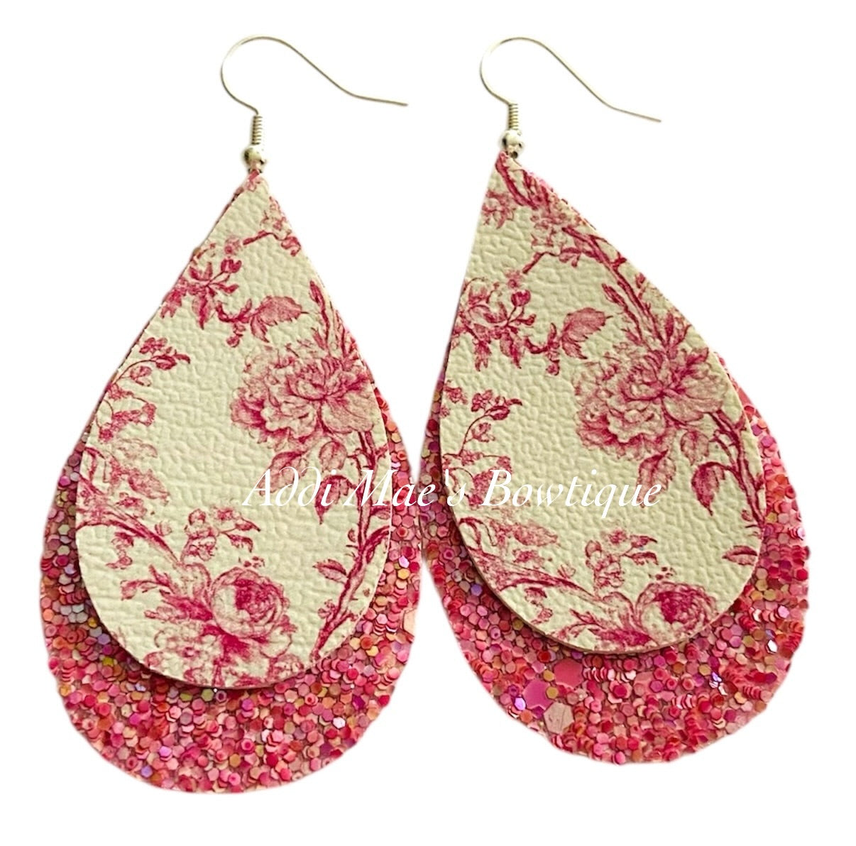 Pink Toile Roses Stacked Tear Drop Dangle Earrings