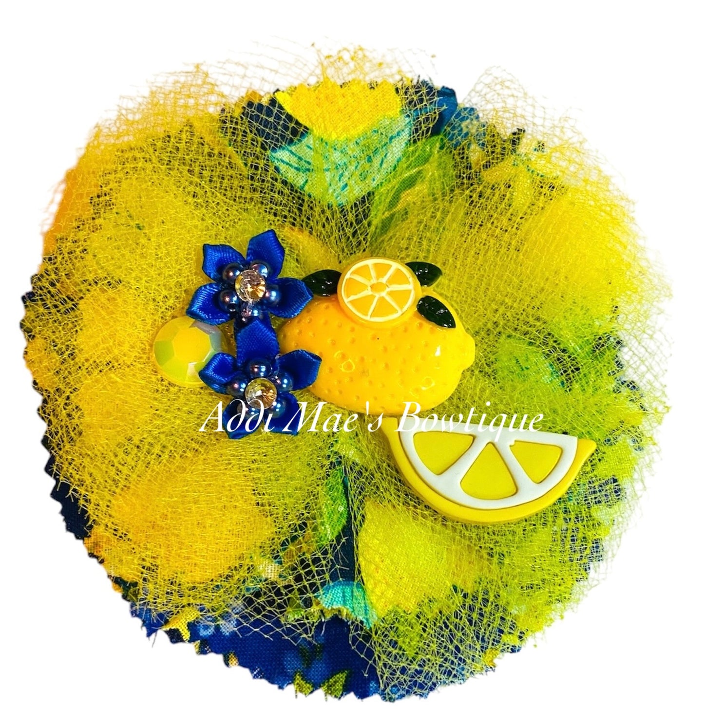 Lemons Frayed Cotton Fabric Flower Hair Bow