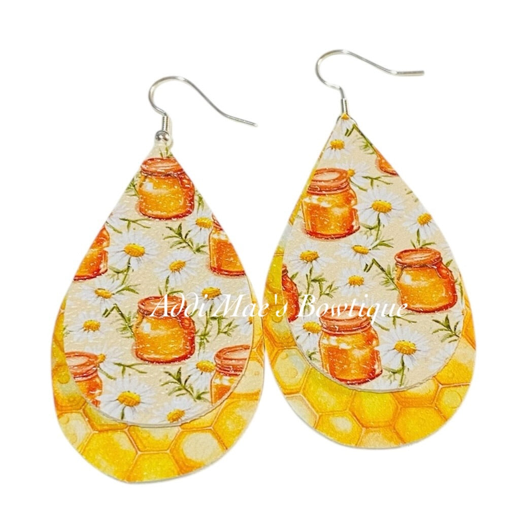 Honey Bee Jars Honey Comb Stacked Tear Drop Dangle Earrings