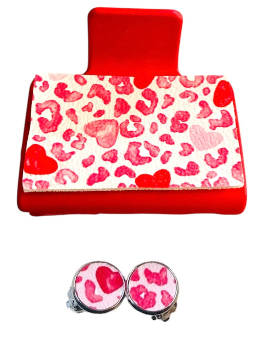 Valentines Day Love Pink Cheetah Hearts Small Claw Clip / Clip On Earring Set