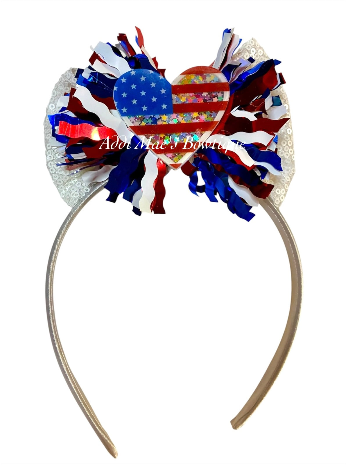 American Heart Tinsel Sequin Bow Satin Headband