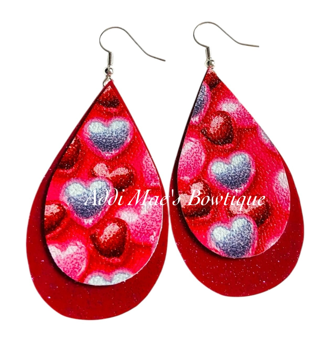 Floating Pink and Red Hearts Stacked Tear Drop Earrings