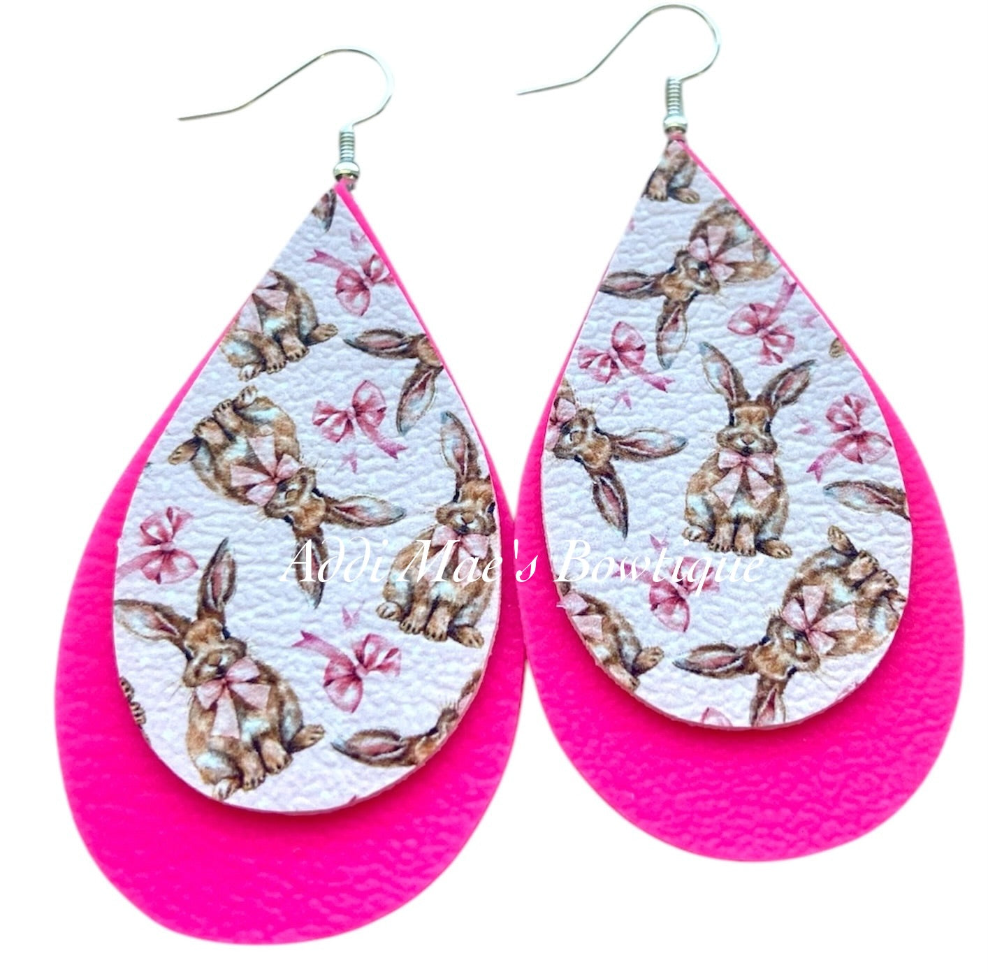Bunny & Pink Bows Stacked Tear Drop Dangle Earrings