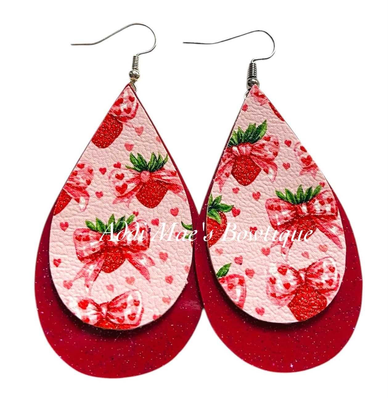 Strawberry Bows Stacked Tear Drop Earrings