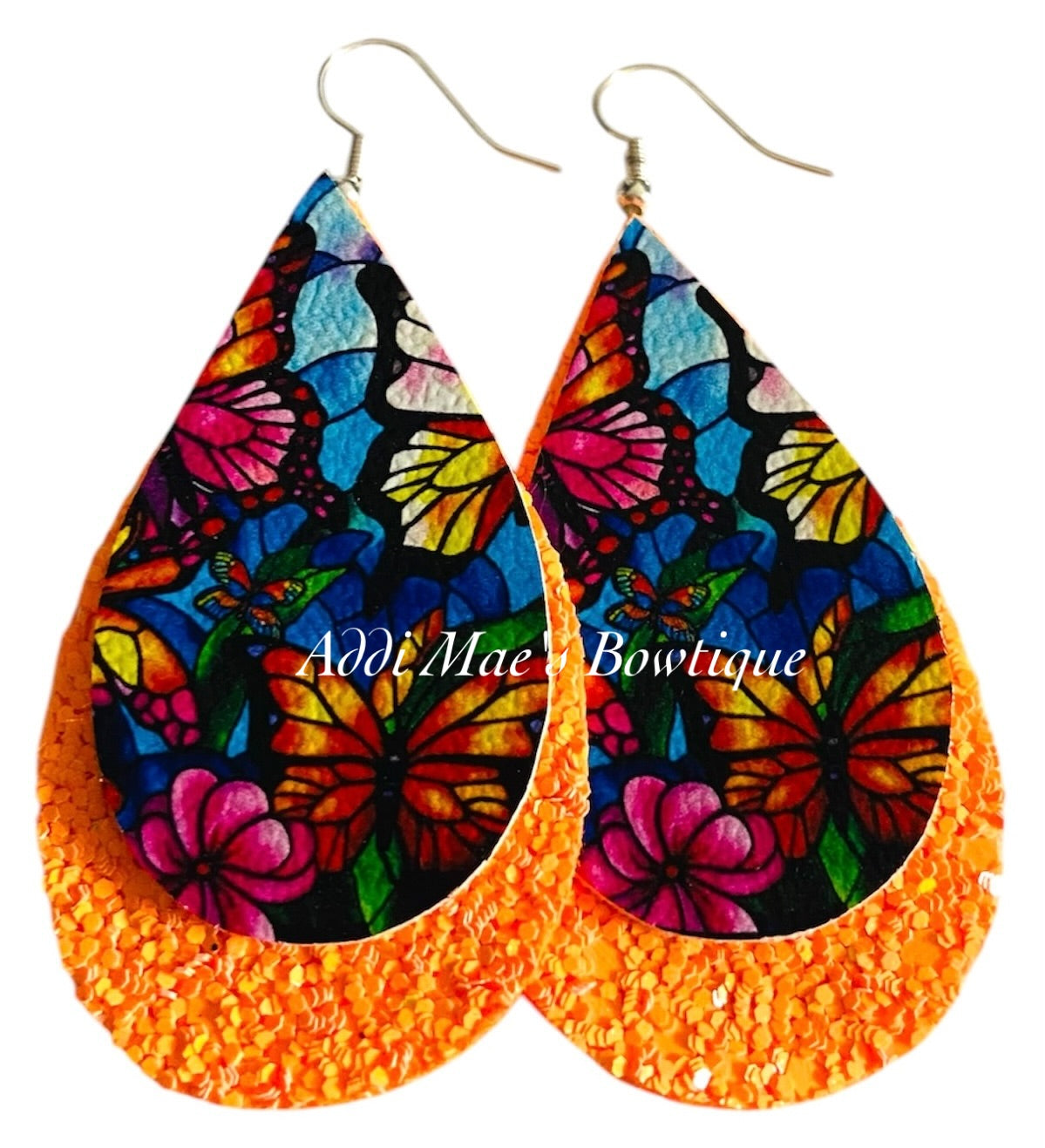 Stained Glass Butterfly Stacked Tear Drop Dangle Earrings