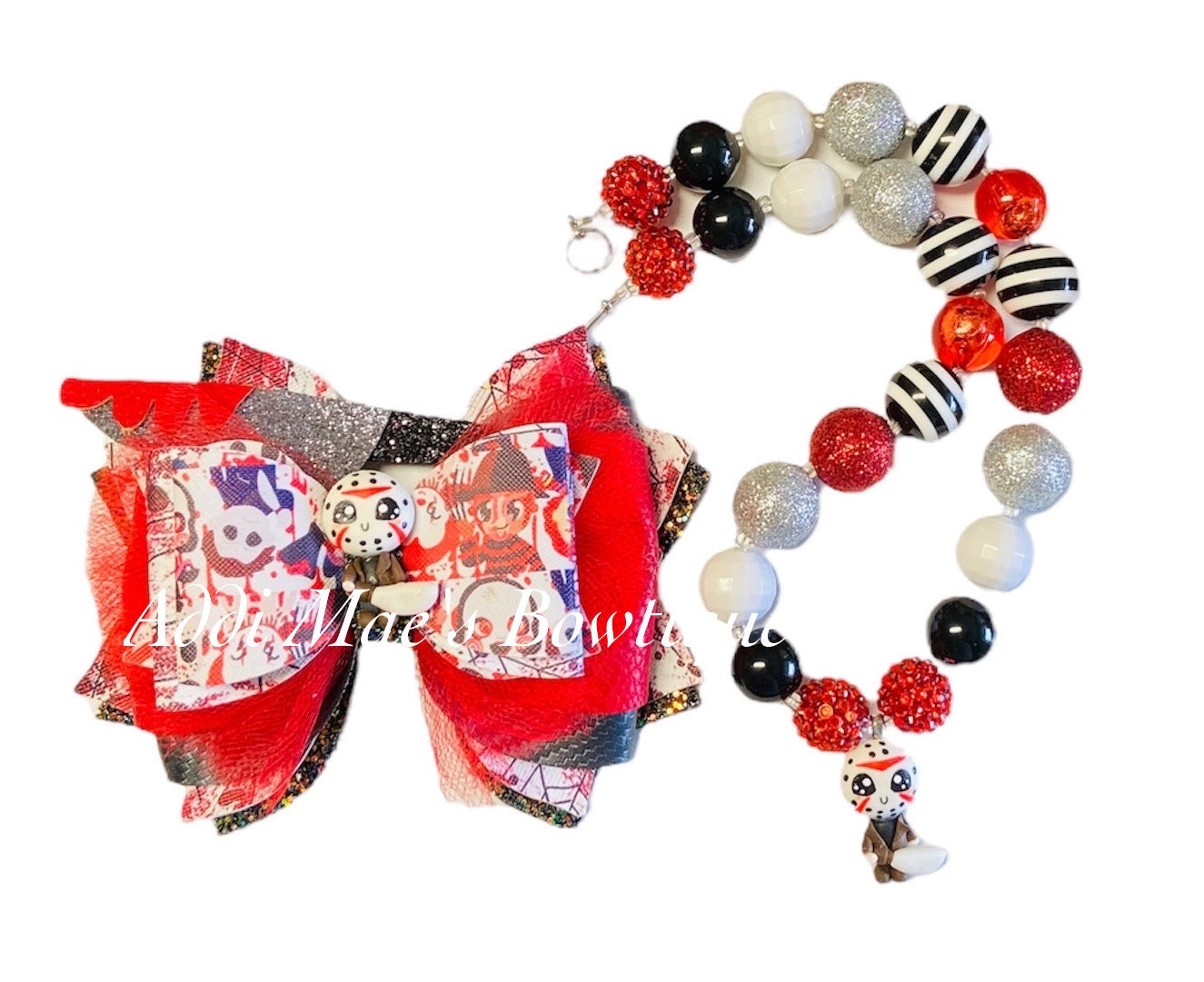Hockey Mask Killer Halloween Bow Necklace Set