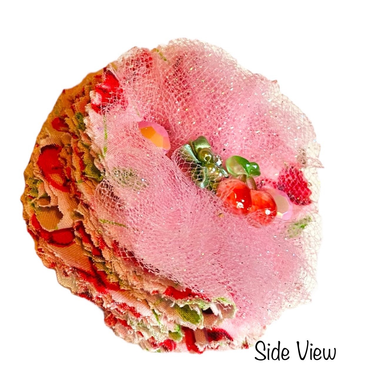 Cherries Frayed Cotton Fabric Flower Hair Bow