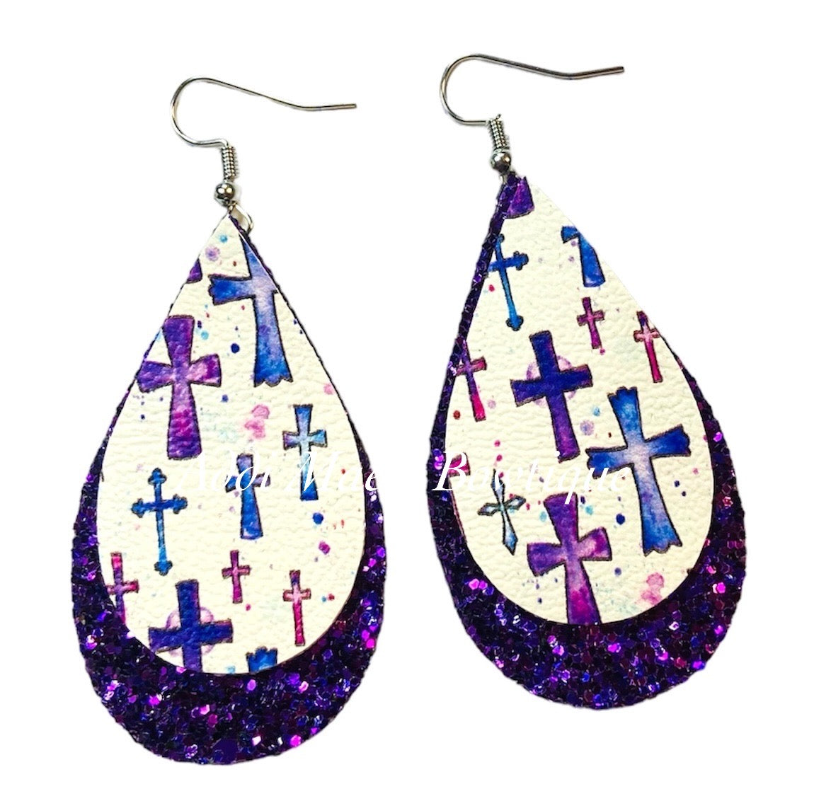 Purple Crosses Tear Drop Earrings