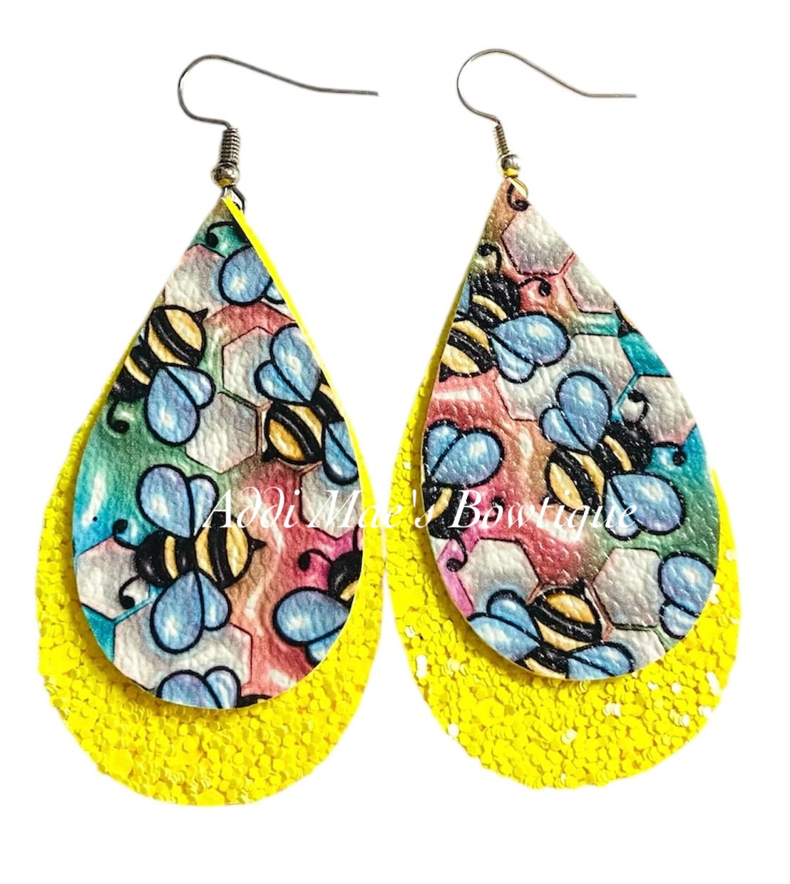 Bees Rainbow Ombre Honeycomb Stacked Tear Drop Dangle Earrings
