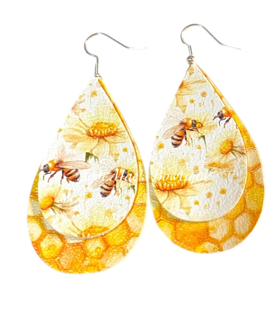 Honey Bees & Flowers Honey Comb Stacked Tear Drop Dangle Earrings