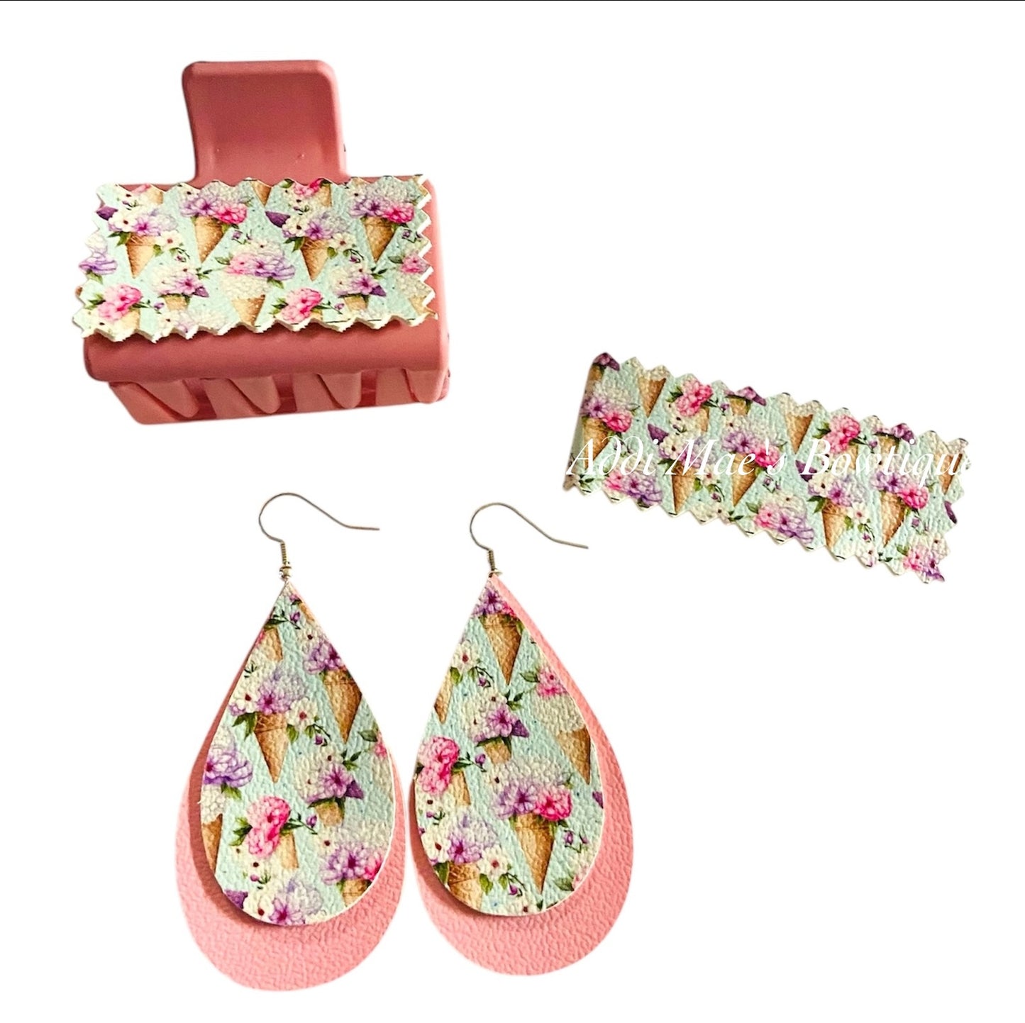 Floral Ice Cream Cones Small Claw Clip, Snap Clip,& Earrings Set
