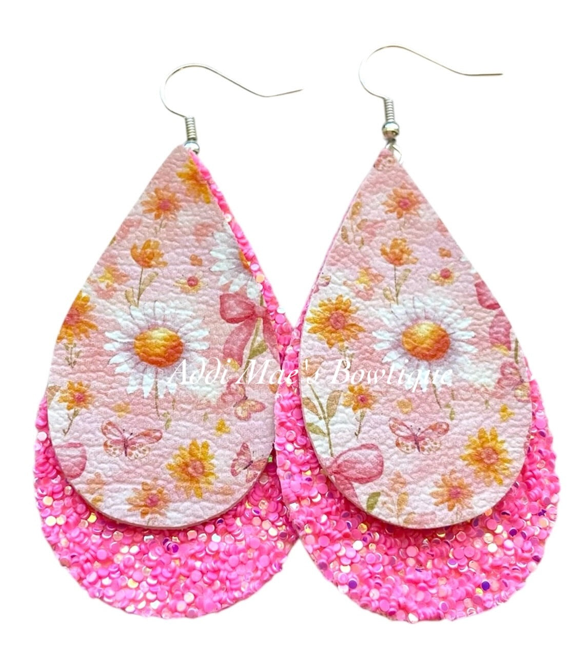 Pink Garden Daisy Stacked Tear Drop Dangle Earrings