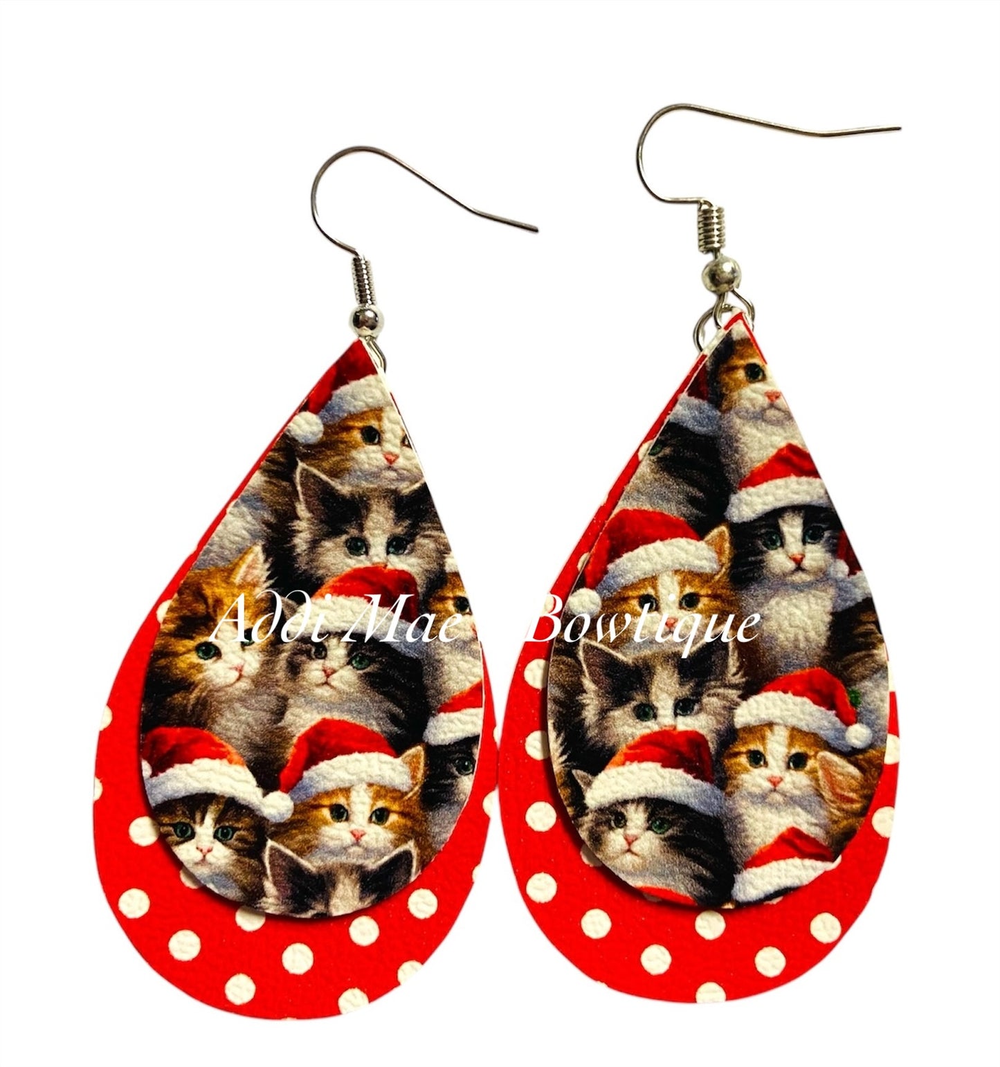 Christmas Santa Kitties Stacked Tear Drop Dangle Earrings