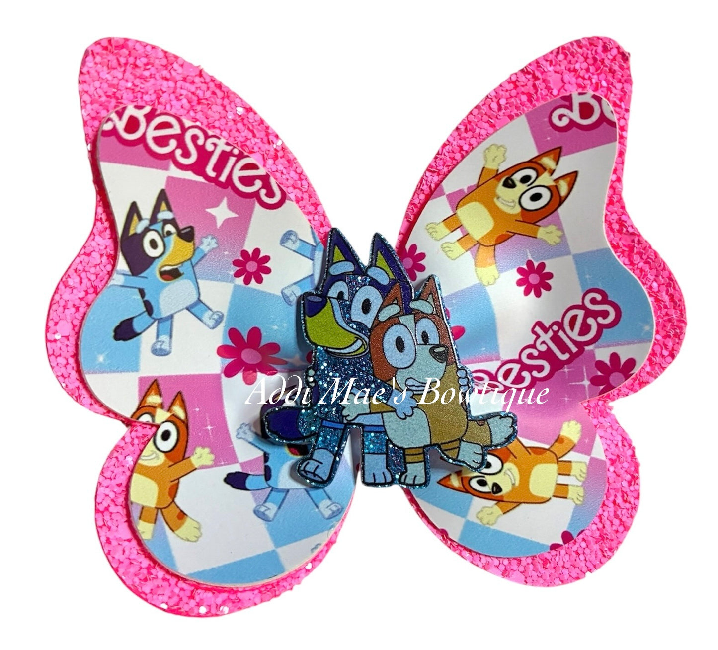 Besties Blue Cartoon Dog Butterfly Bow