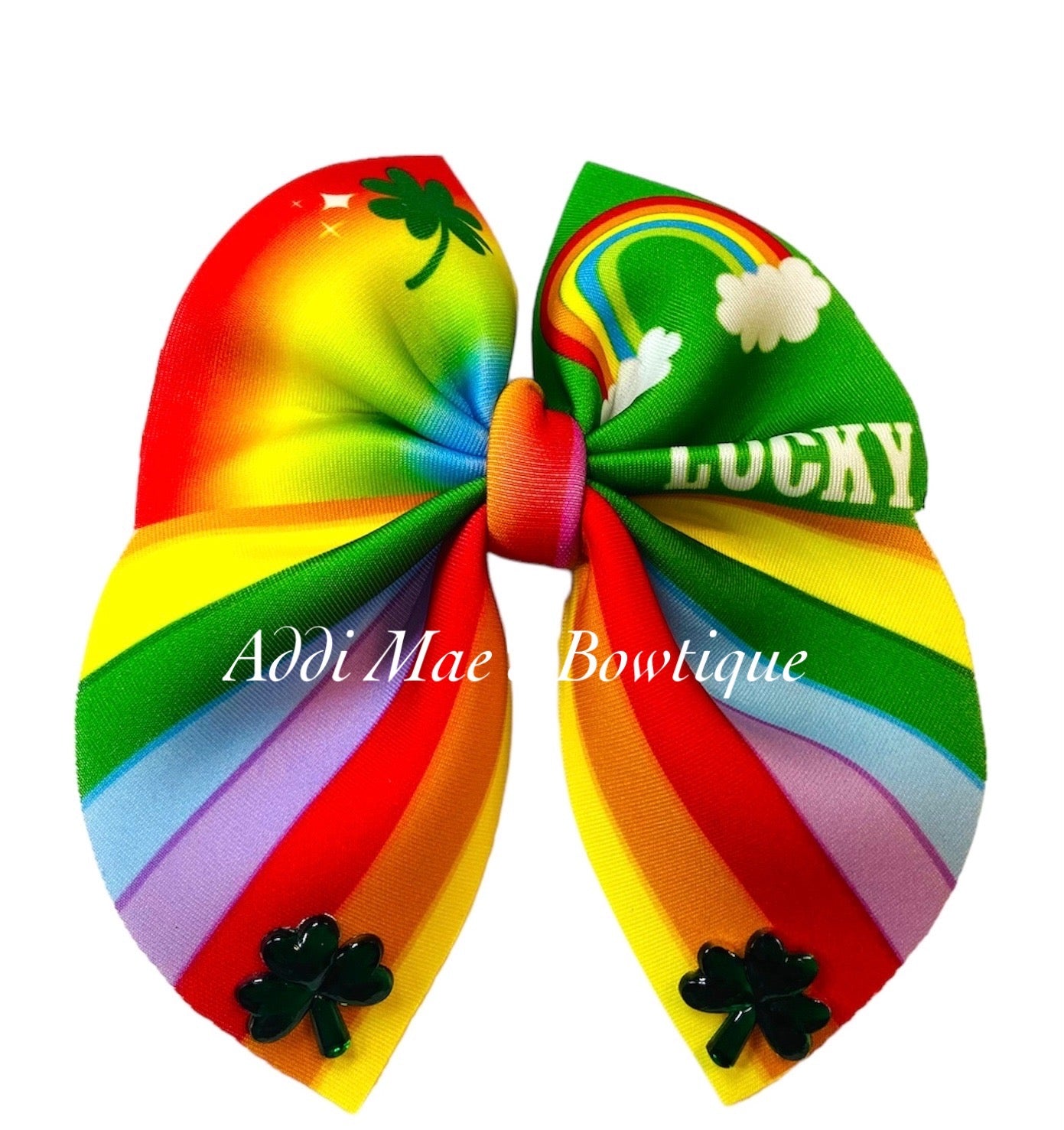 Lucky Ombre Rainbow Clovers Bubble Neoprene Fabric Sailor Hair Bow