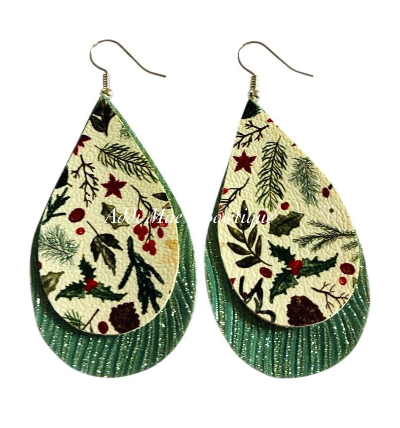 Christmas Foliage Stacked Tear Drop Earrings