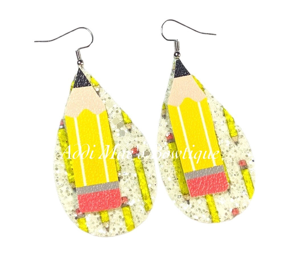 Pencils Glitter Stacked Tear Drop Dangle Earrings