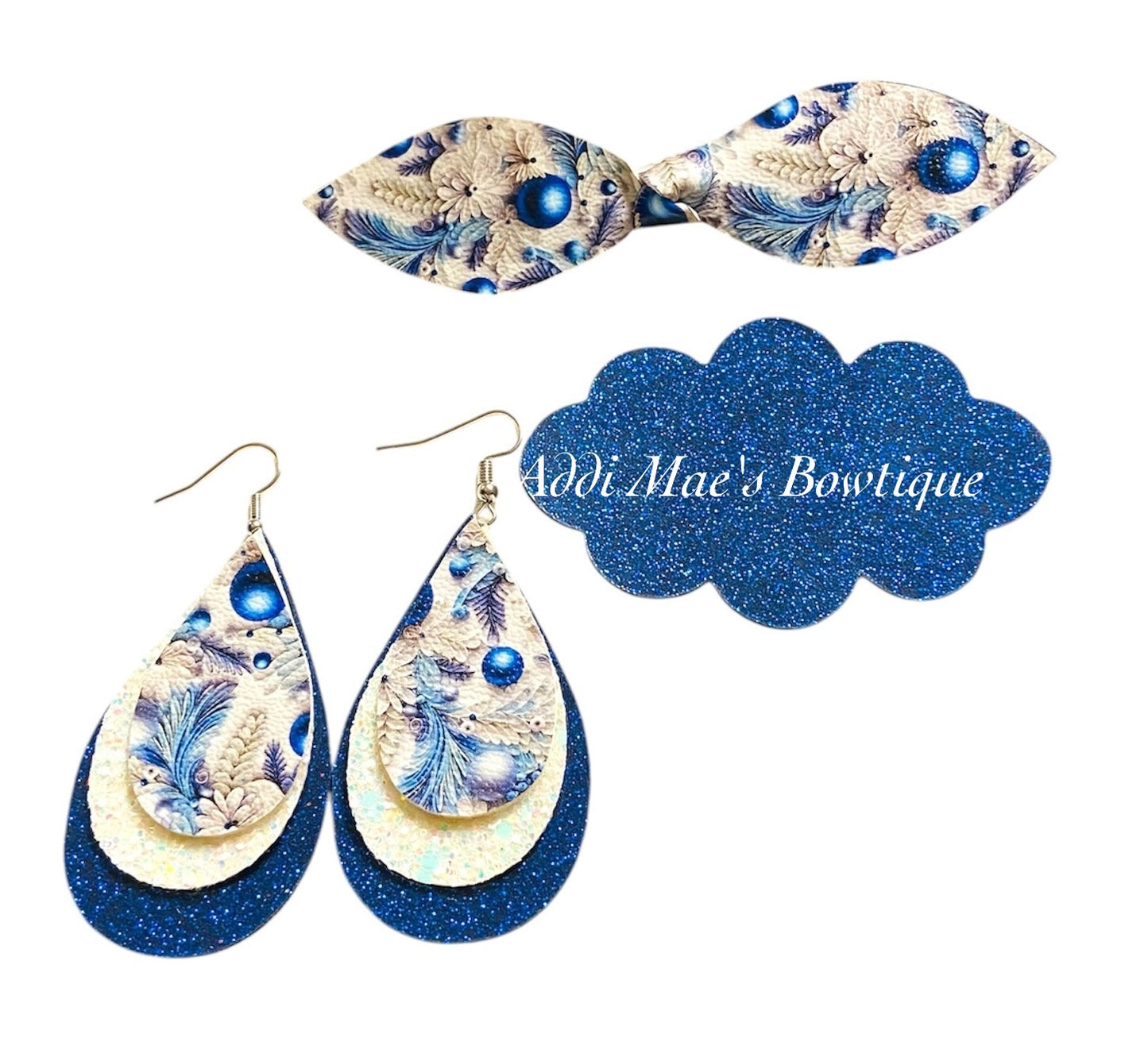 Blue Christmas Ornaments Top Knot Clip, 3” Snap Clip, & Earrings Set