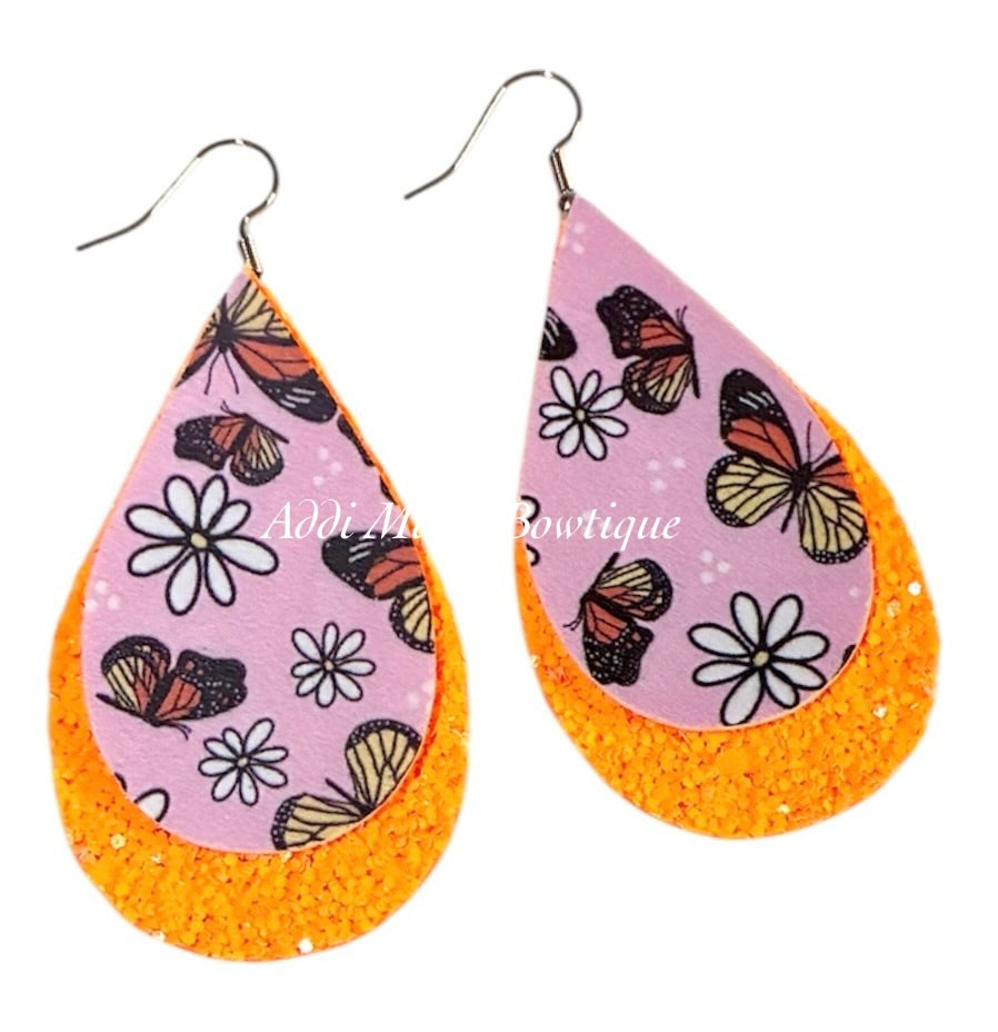 Monarch Butterfly Stacked Tear Drop Dangle Earrings