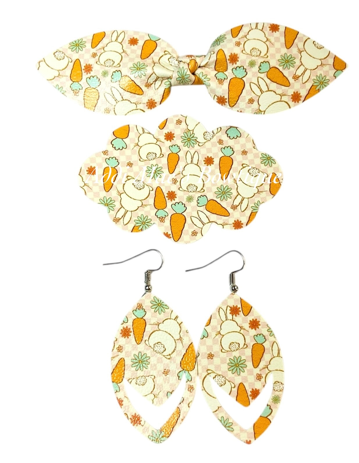 Bunny Butts and Carrots Easter Top Knot Clip, 3” Snap Clip, & Earrings Set
