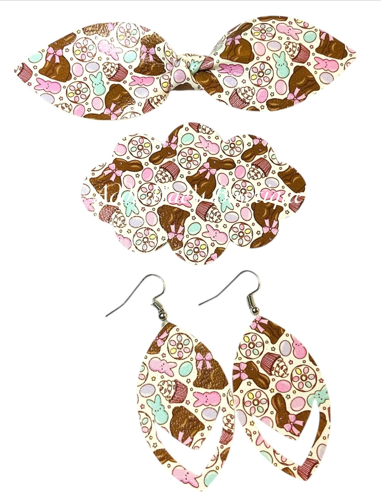Pastel Chocolate Bunny Treats Easter Top Knot Clip, 3” Snap Clip, & Earrings Set