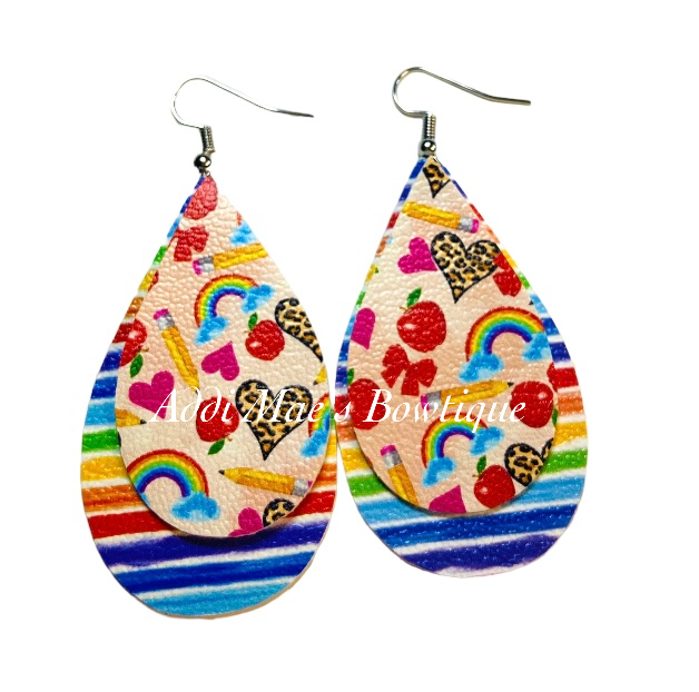 Rainbow School Supplies Stacked Tear Drop Dangle Earrings
