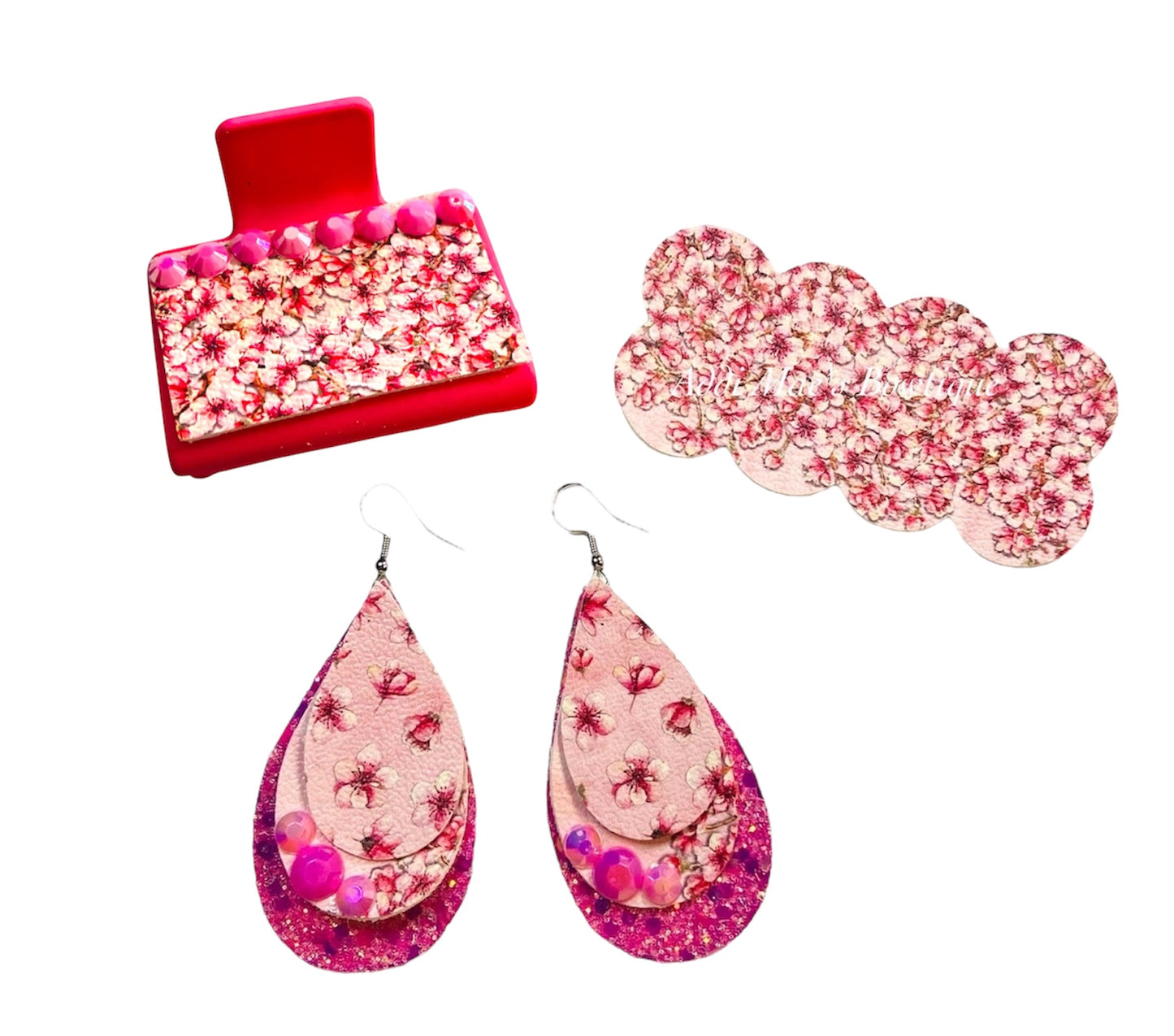 Pink Cherry Blossoms Small Claw Clip, Earrings, Snap Clip Set