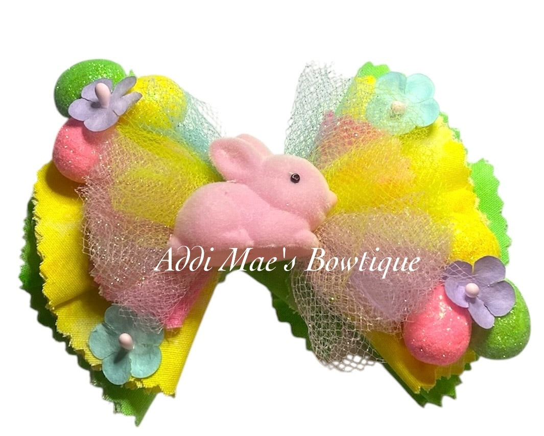 Pink Bunny Easter Cotton Frayed Fabric Hair Bow