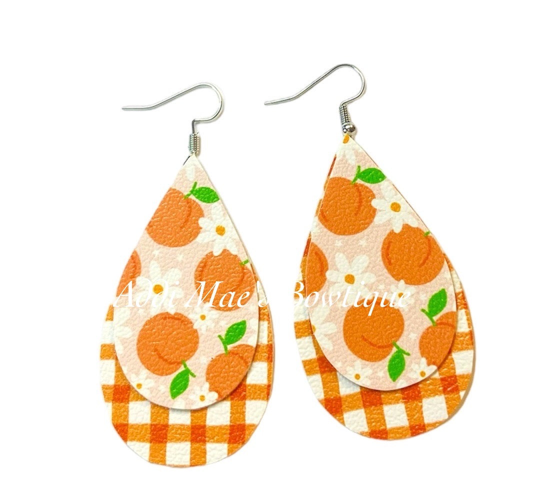 Peaches Gingham Stacked Tear Drop Dangle Earrings