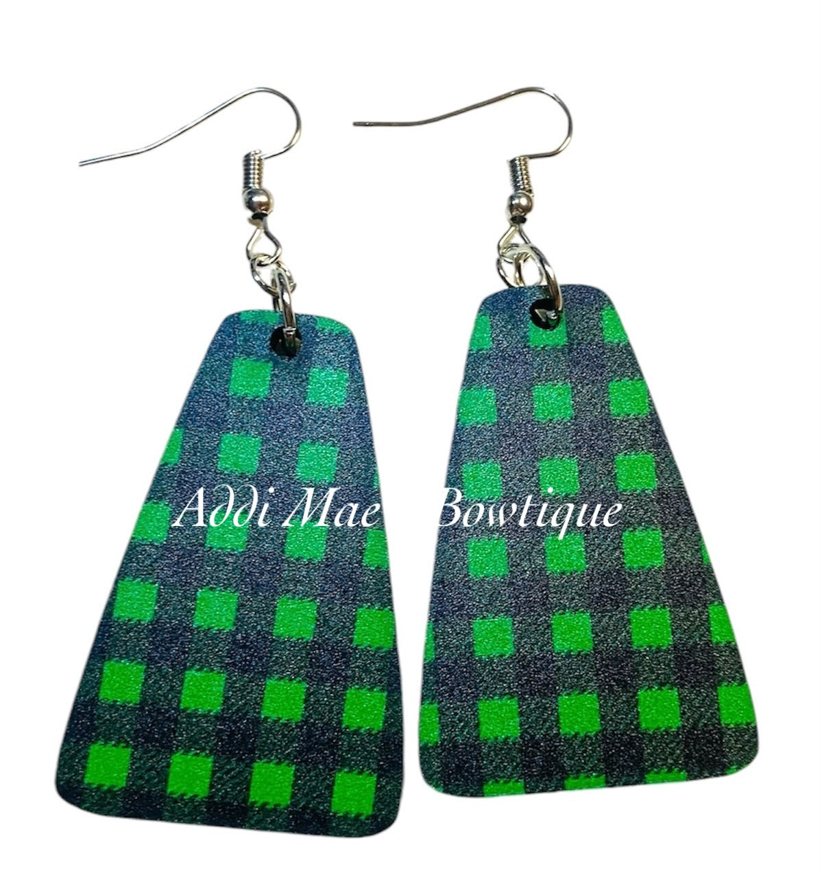 Green Buffalo Plaid Christmas Trapezoid Acrylic Dangle Earrings